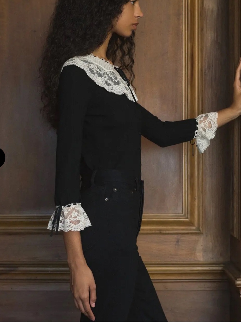 Doen Emilienne Cardigan Black Button Cardigan with Ivory Lace Collar, S - Picture 4 of 9